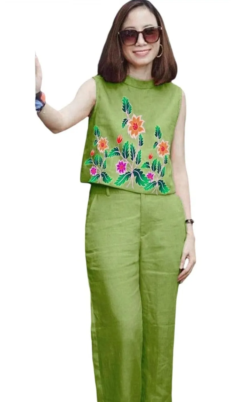 2 Pcs Women Top Pants Set Flower Printing Elastic Waist Dress B-53623