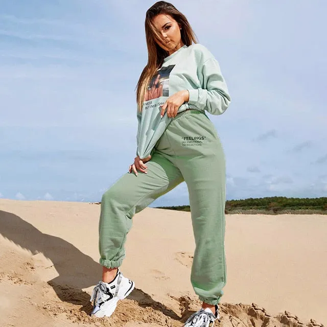 2021 Sexy Women's High Waist Loose Fleece Sweatpants With Pockets Korean Style Size XL