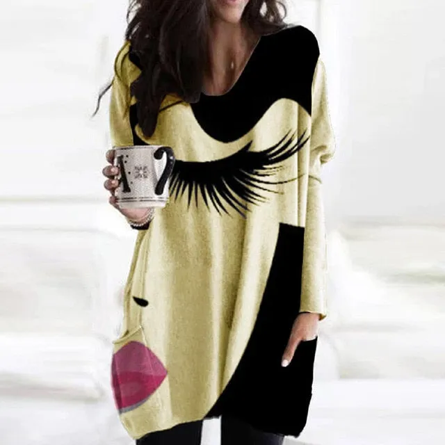 2021 Spring Autumn Women Abstract Face Print Blouse Shirt Long Sleeve Pockets Irregular Size S