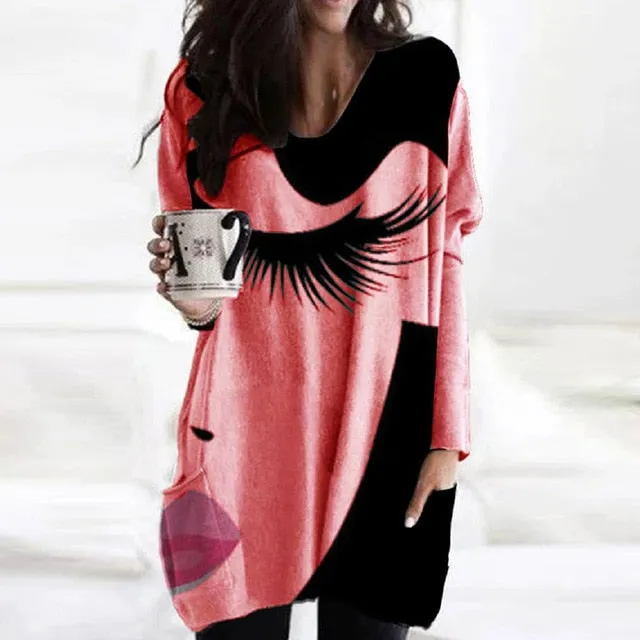 2021 Spring Autumn Women Abstract Face Print Blouse Shirt Long Sleeve Pockets Irregular Size S