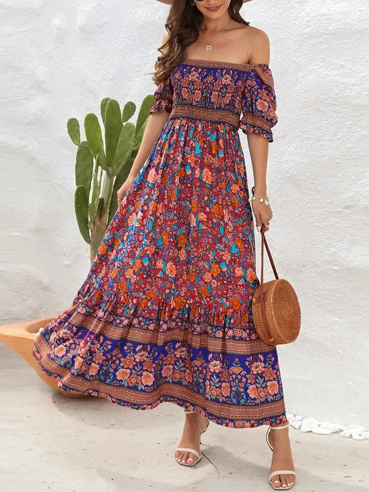 2024 Summer Beach Bohemian Casual Boho Dress with Short Sleeves