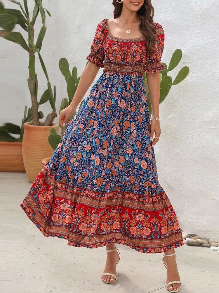 2024 Summer Beach Bohemian Casual Boho Dress with Short Sleeves