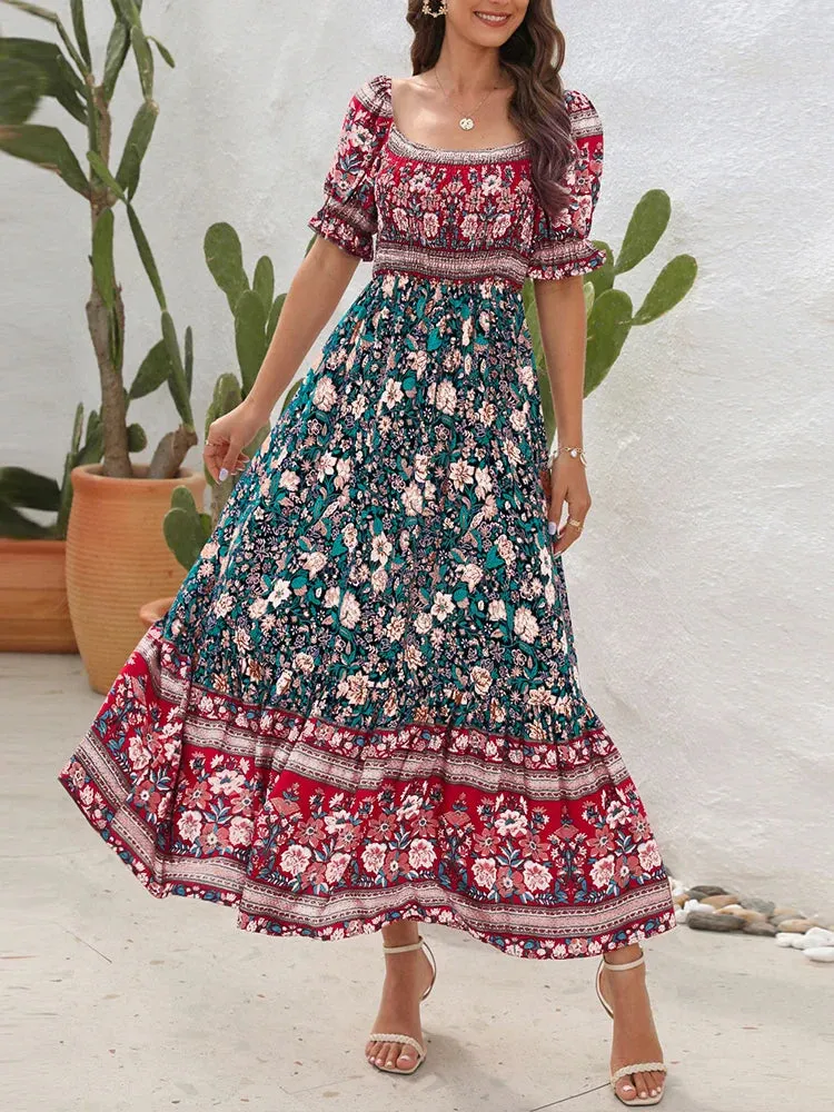 2024 Summer Beach Bohemian Casual Boho Dress with Short Sleeves