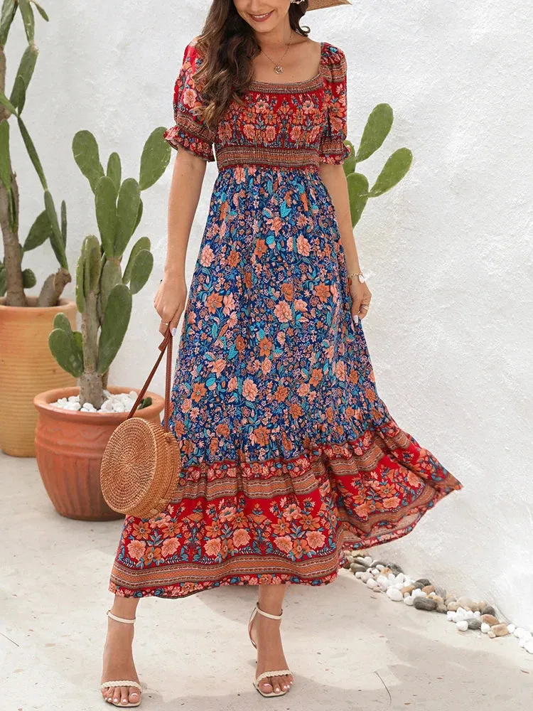 2024 Summer Beach Bohemian Casual Boho Dress with Short Sleeves