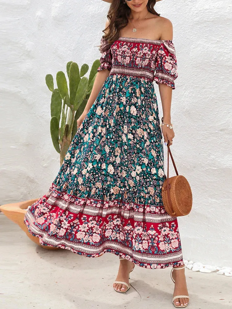 2024 Summer Beach Bohemian Casual Boho Dress with Short Sleeves