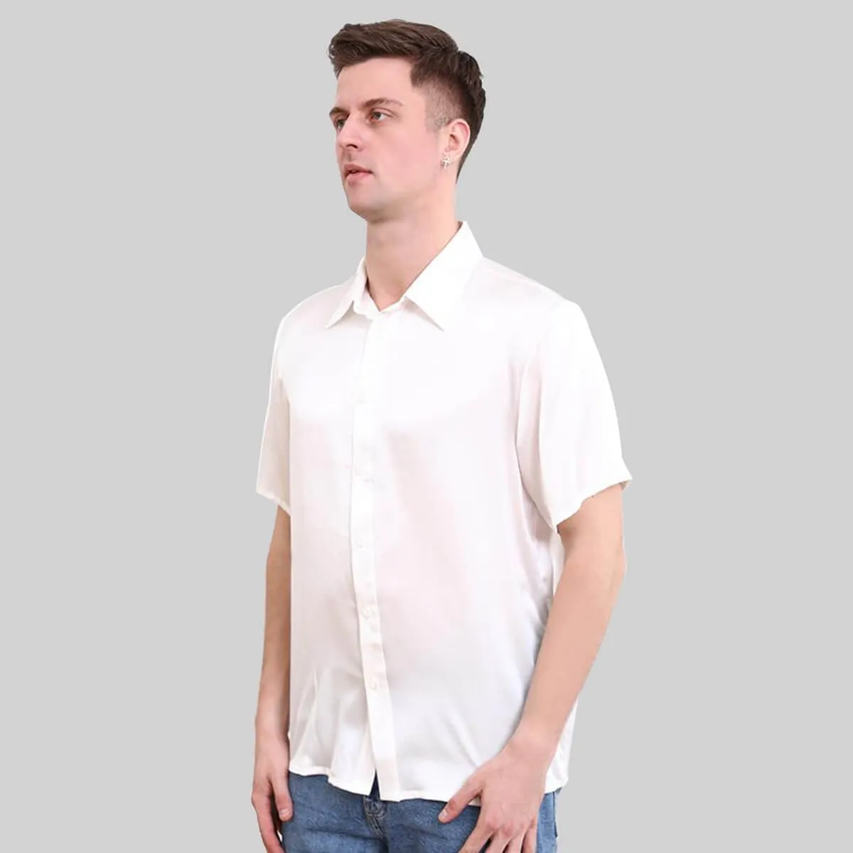 22MM Luxury Short-Sleeves Silk Shirts For Men Pure Color Silk Top