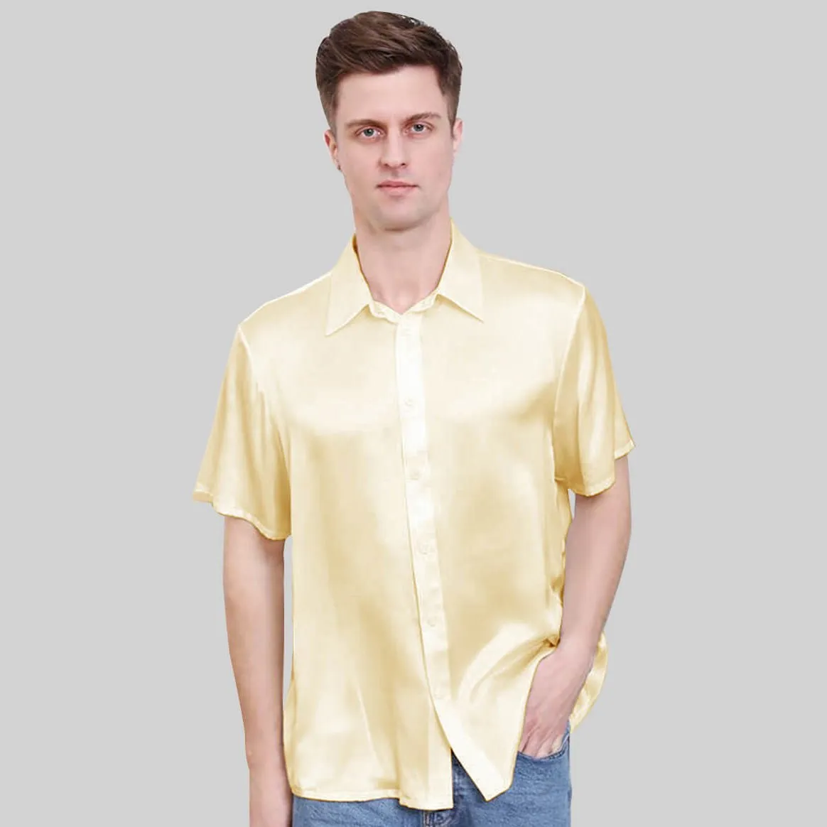 22MM Luxury Short-Sleeves Silk Shirts For Men Pure Color Silk Top