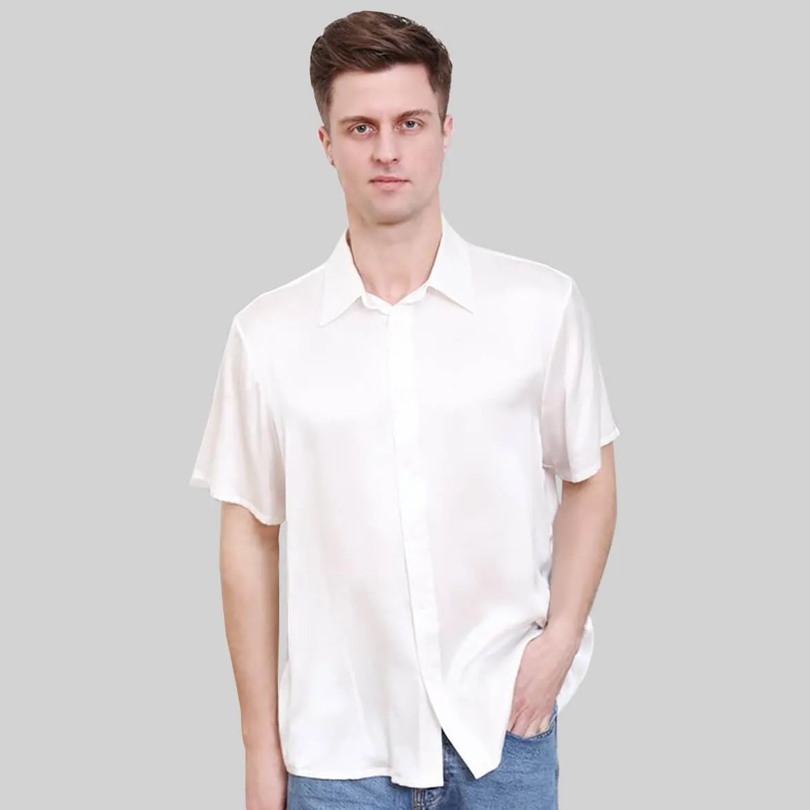 22MM Luxury Short-Sleeves Silk Shirts For Men Pure Color Silk Top