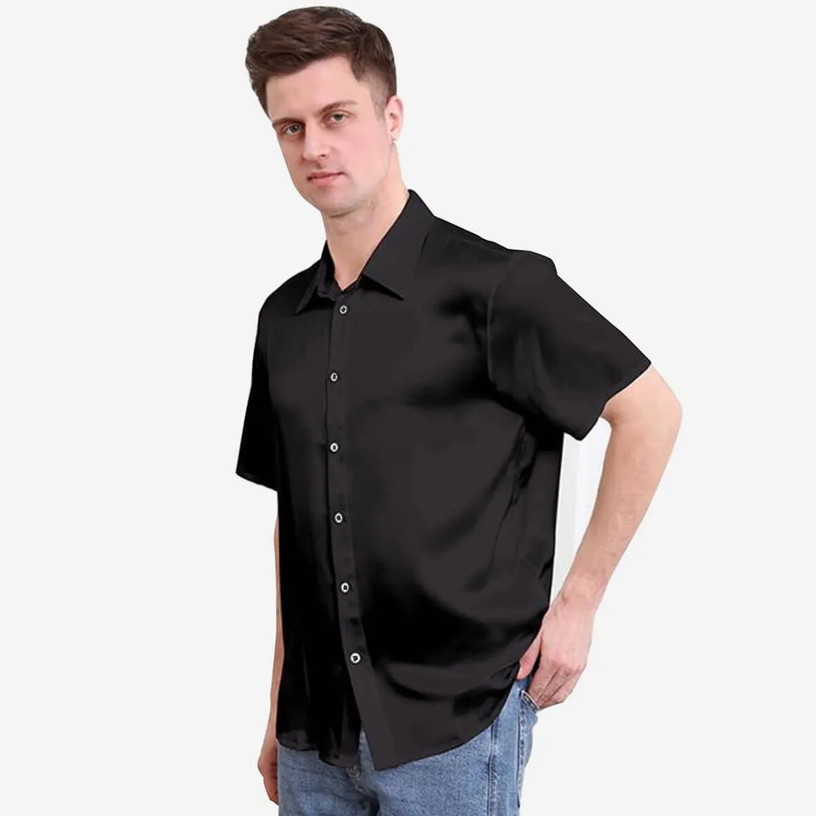 22MM Luxury Short-Sleeves Silk Shirts For Men Pure Color Silk Top