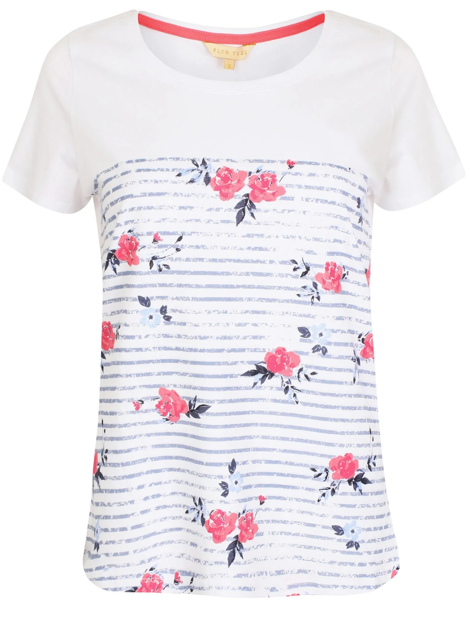 Agate Floral Stripe Cotton Crew Neck T-Shirt In White - Plum Tree