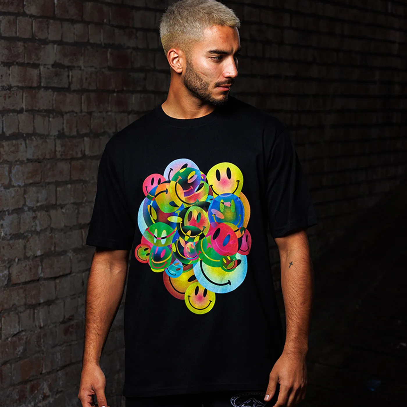 All The Smileys Front Print - Tshirt - Black