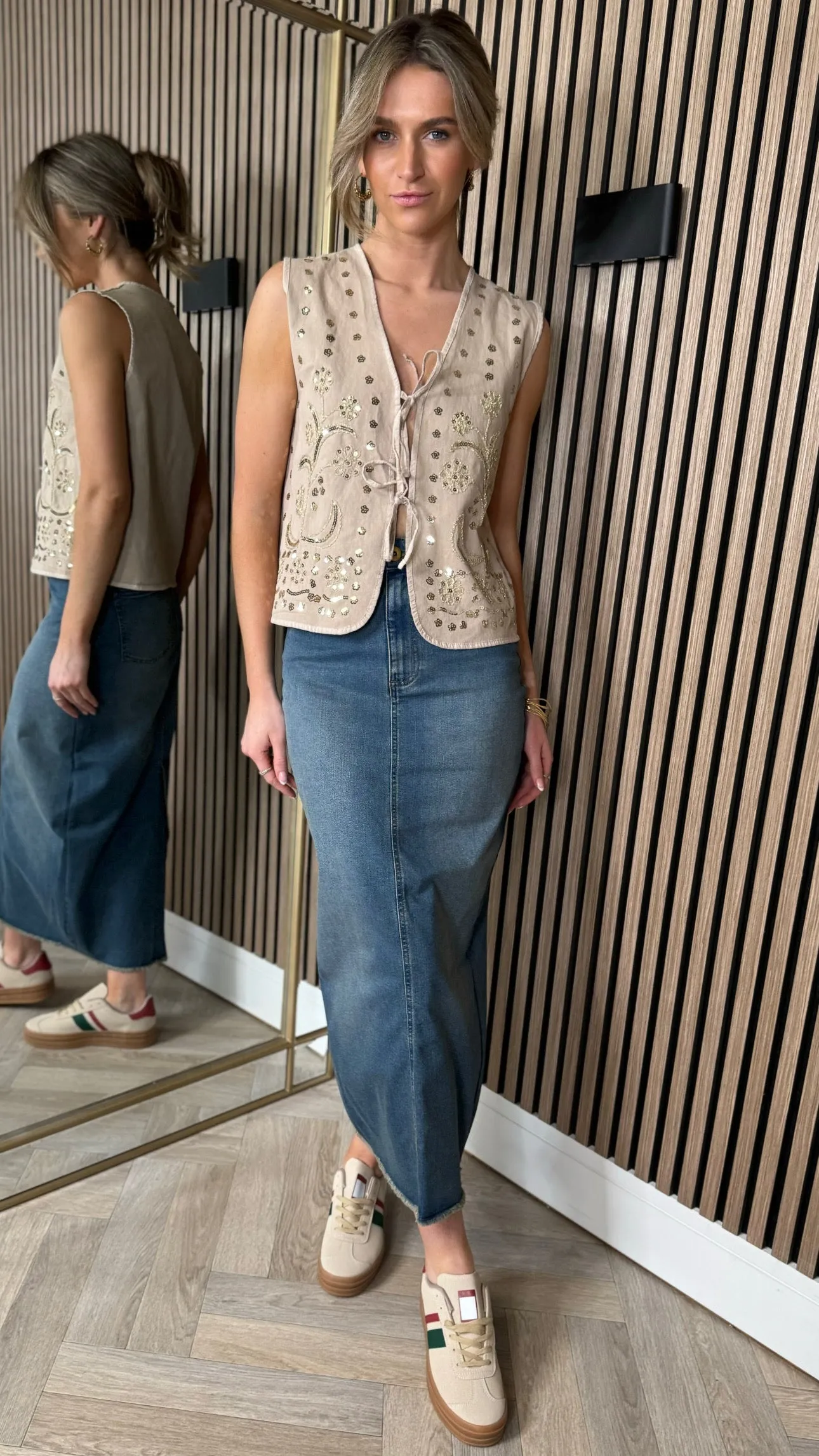 Amora Beige Sequin Tie Detail Waistcoat