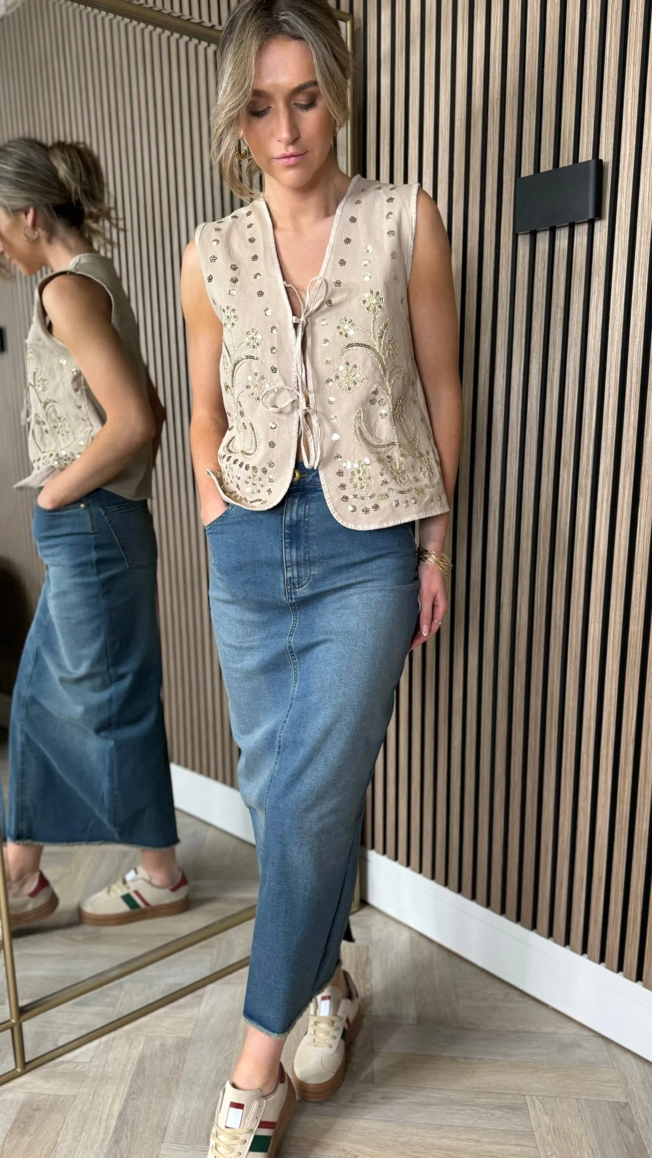 Amora Beige Sequin Tie Detail Waistcoat