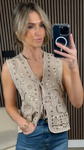 Amora Beige Sequin Tie Detail Waistcoat