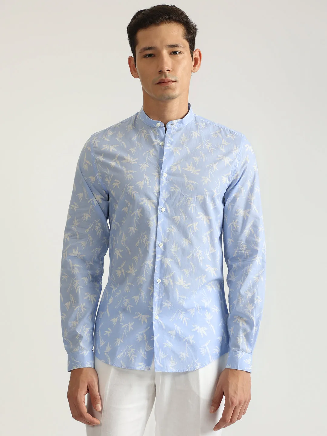 Antony Morato Men Blue Printed Band Collar Full Sleeves Shirt