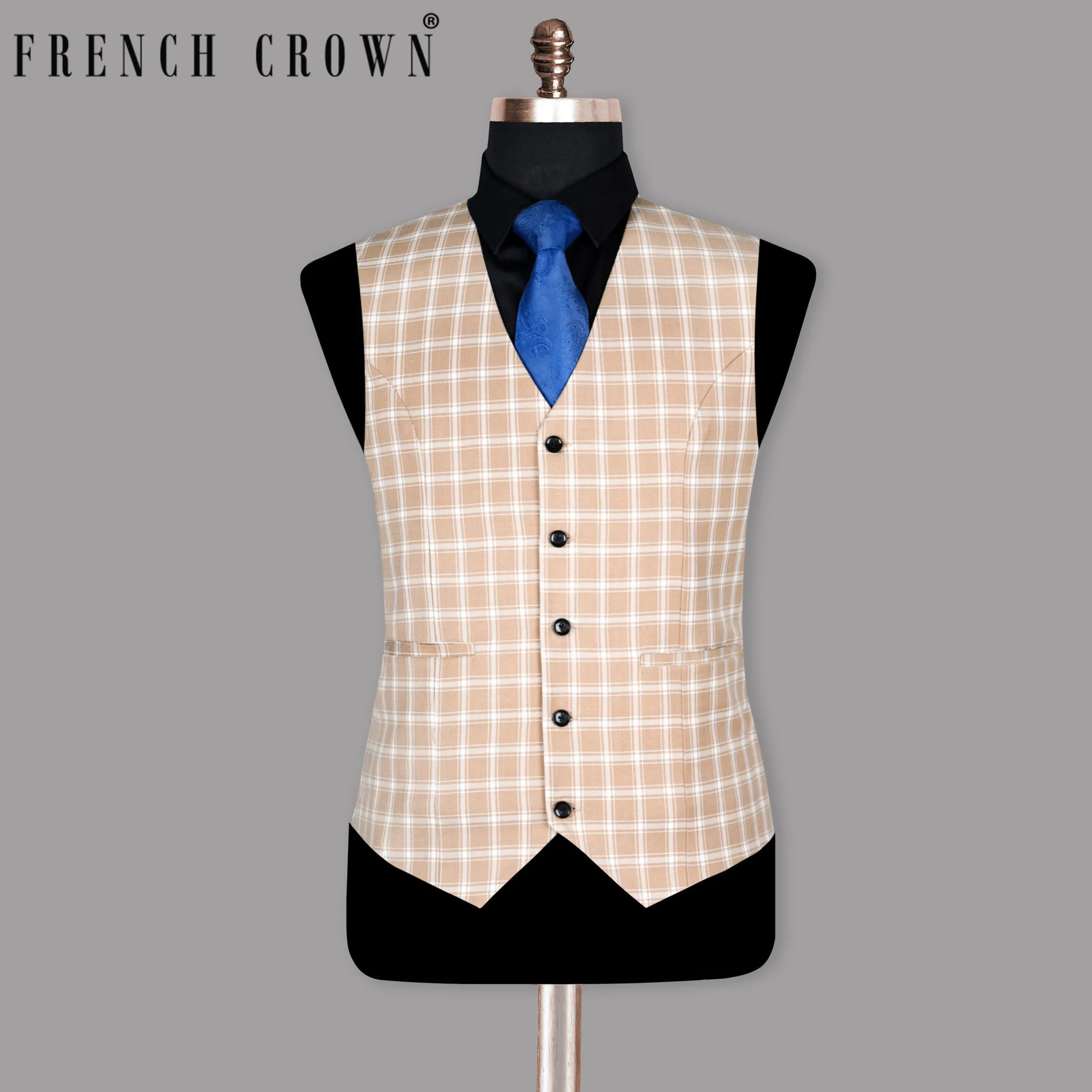 Beige Windowpane Wool Blend Waistcoat