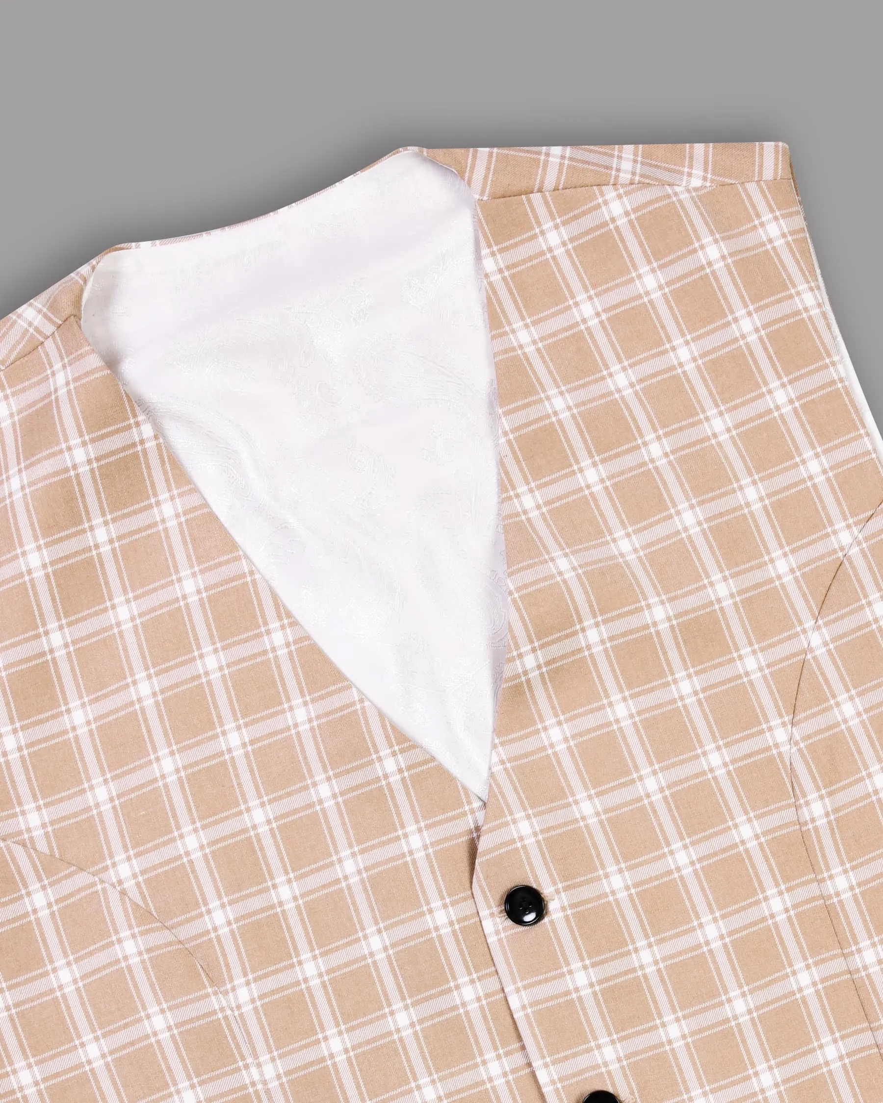 Beige Windowpane Wool Blend Waistcoat