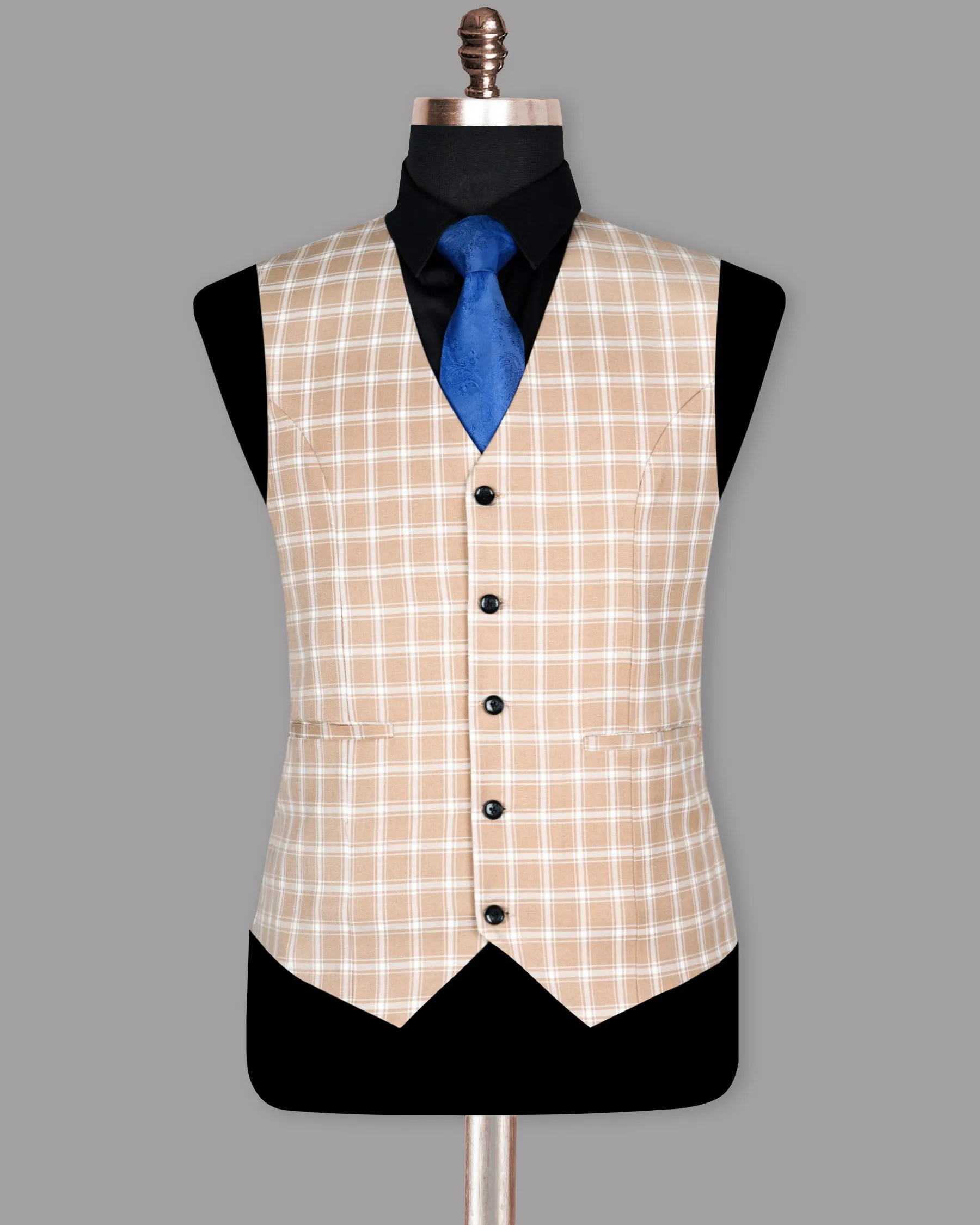 Beige Windowpane Wool Blend Waistcoat