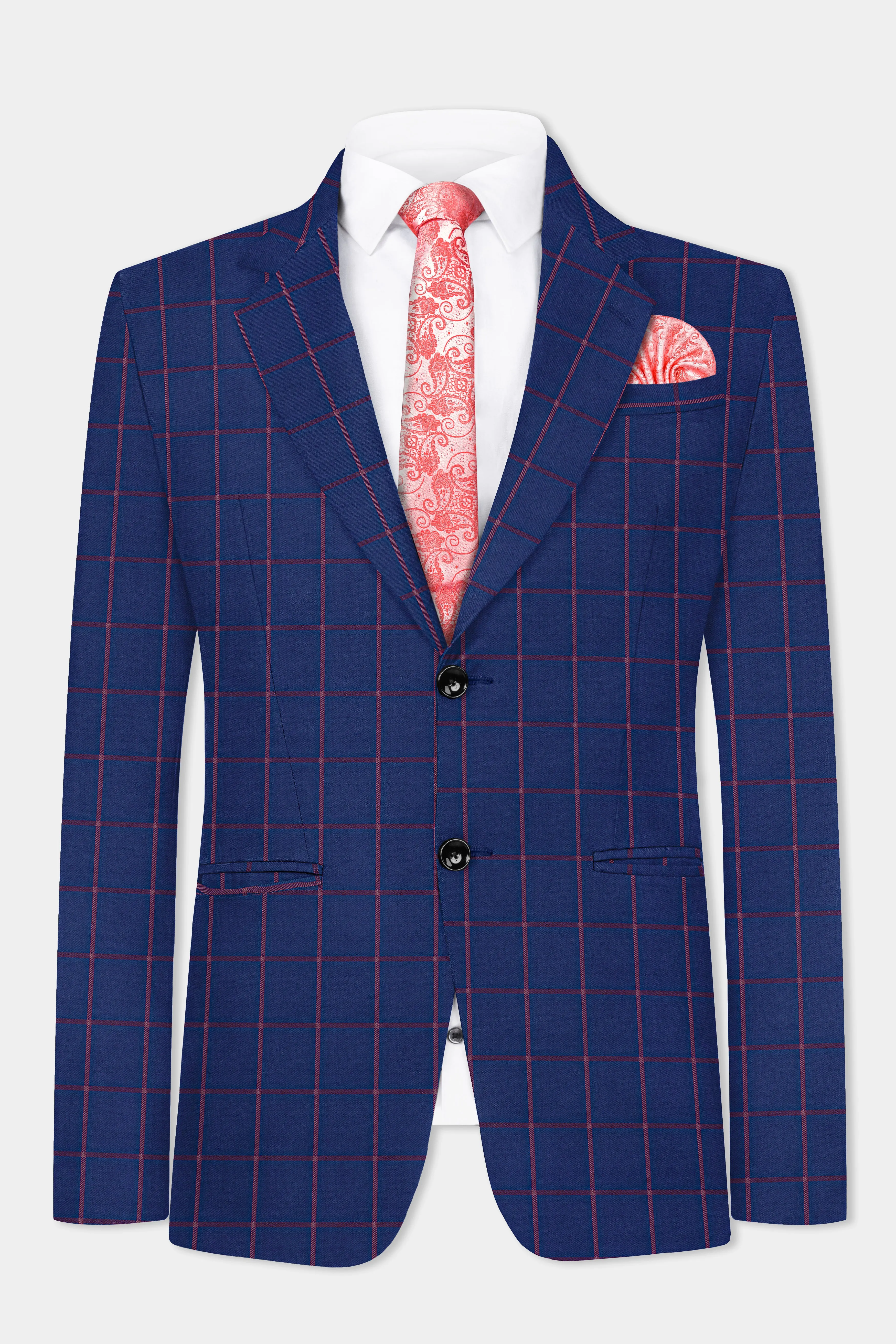 Biscay Blue with Raspberry Pink Windowpane Wool Blend Blazer