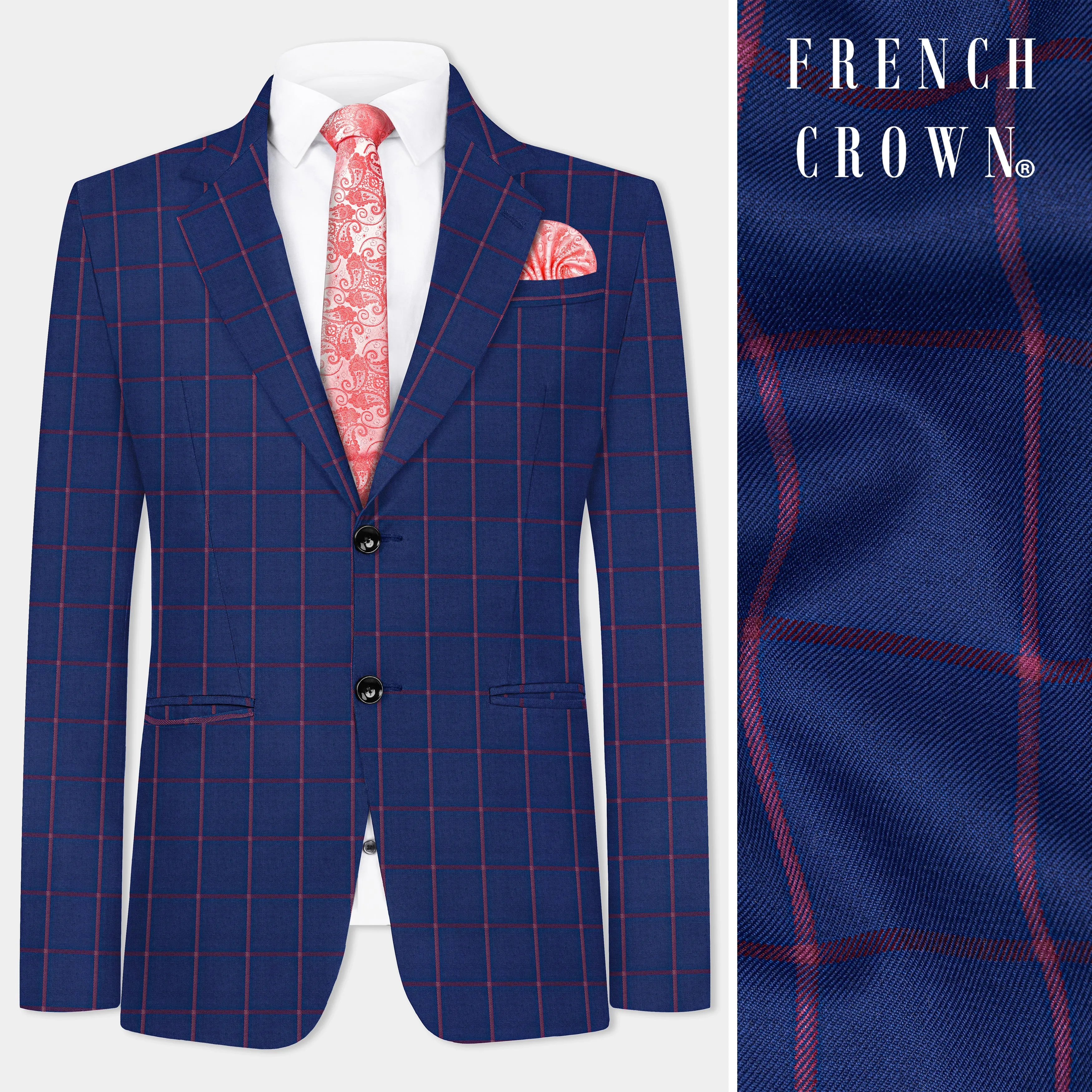 Biscay Blue with Raspberry Pink Windowpane Wool Blend Blazer