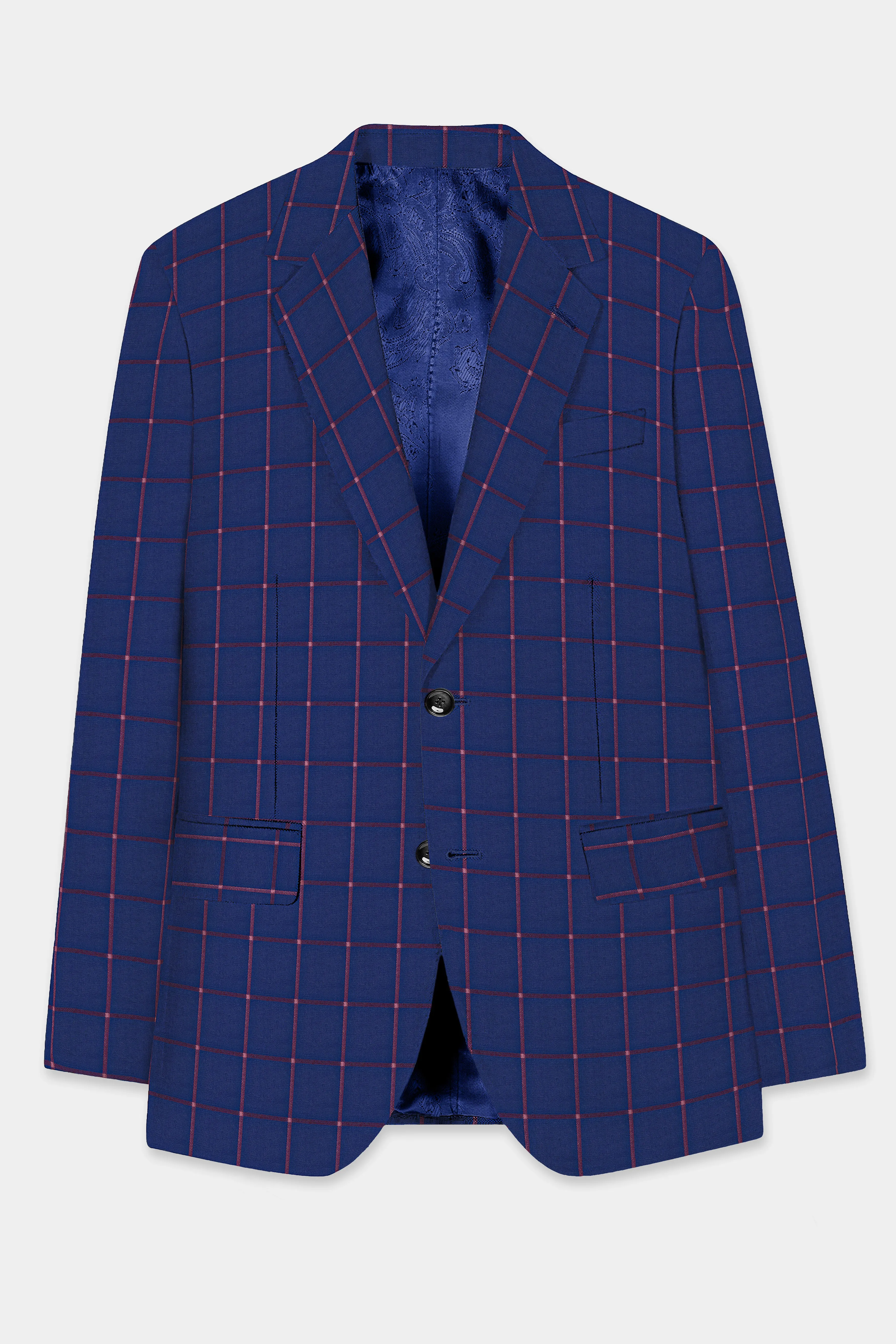 Biscay Blue with Raspberry Pink Windowpane Wool Blend Blazer