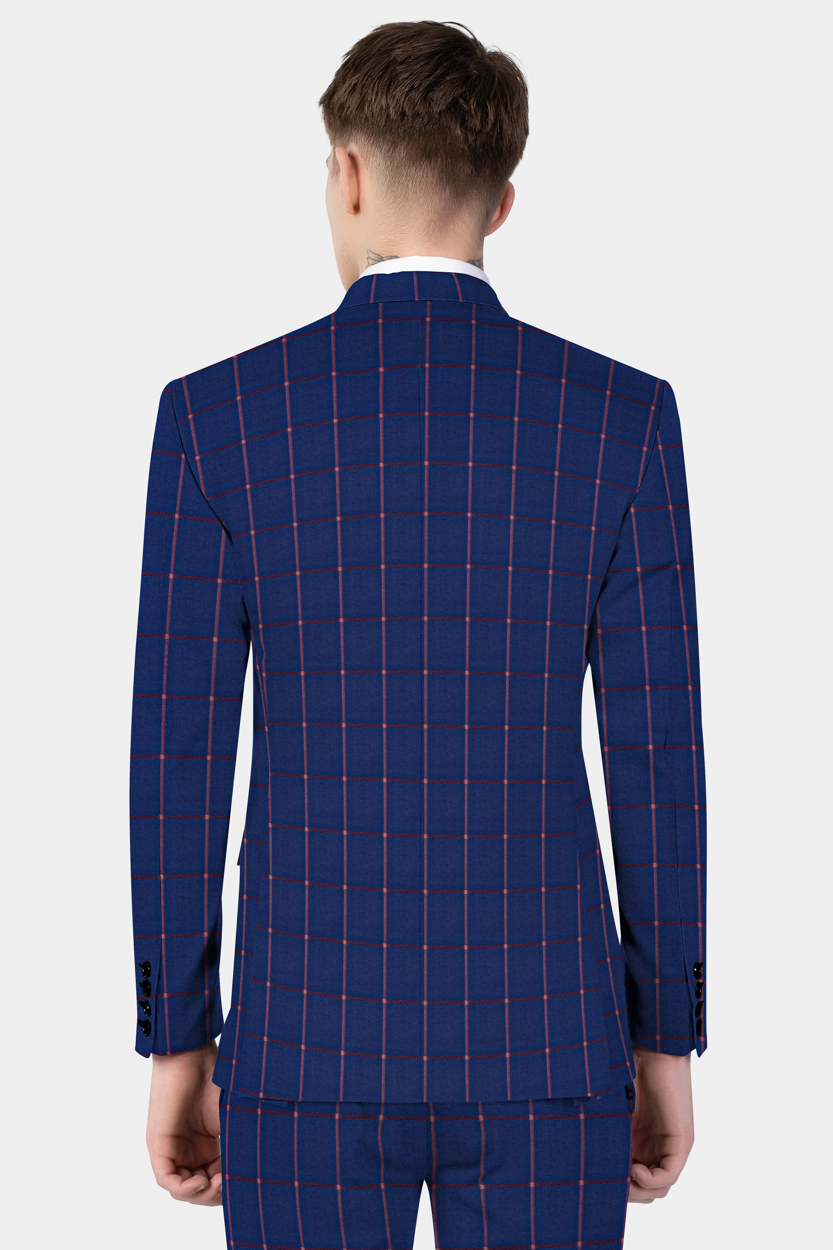 Biscay Blue with Raspberry Pink Windowpane Wool Blend Blazer