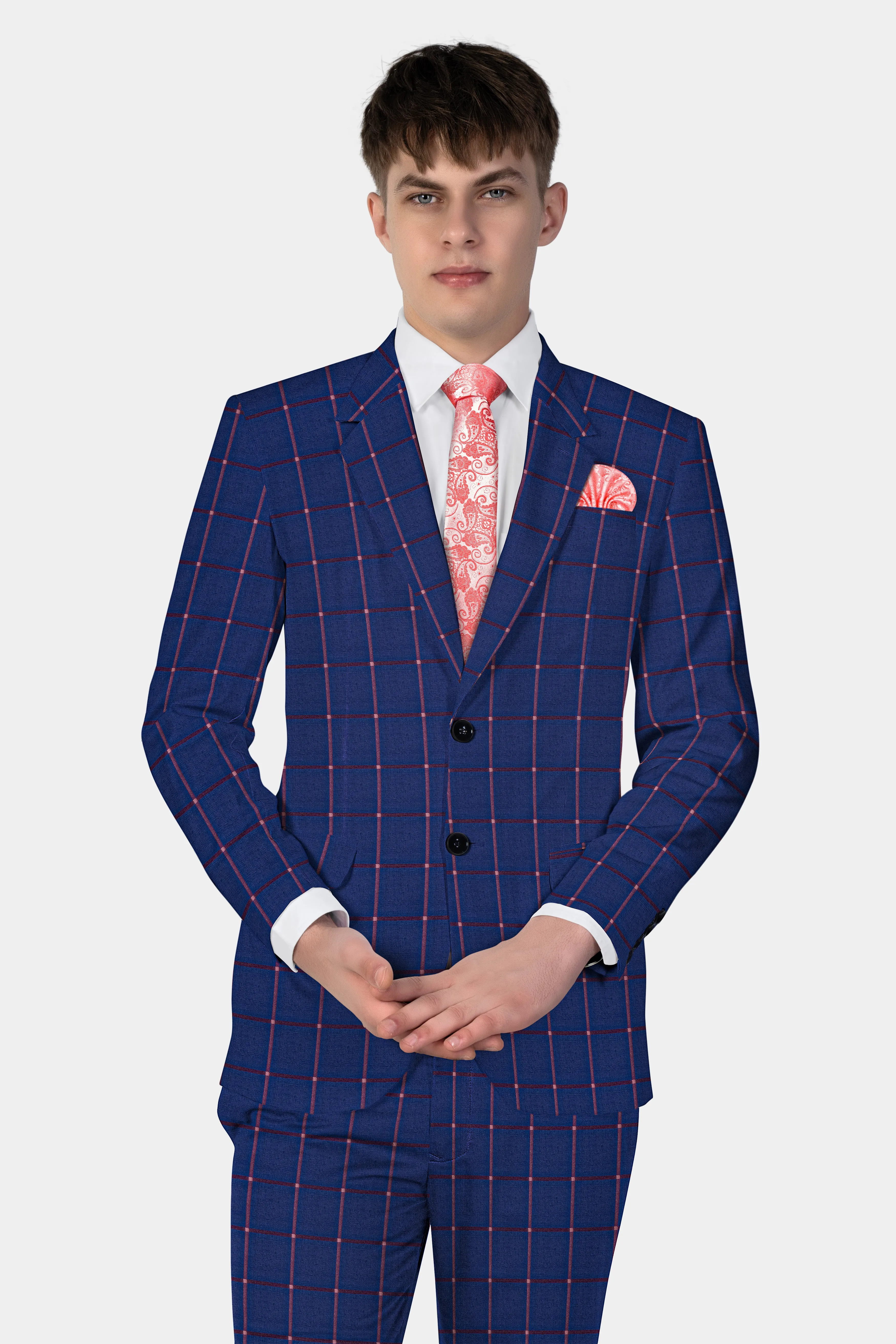 Biscay Blue with Raspberry Pink Windowpane Wool Blend Blazer