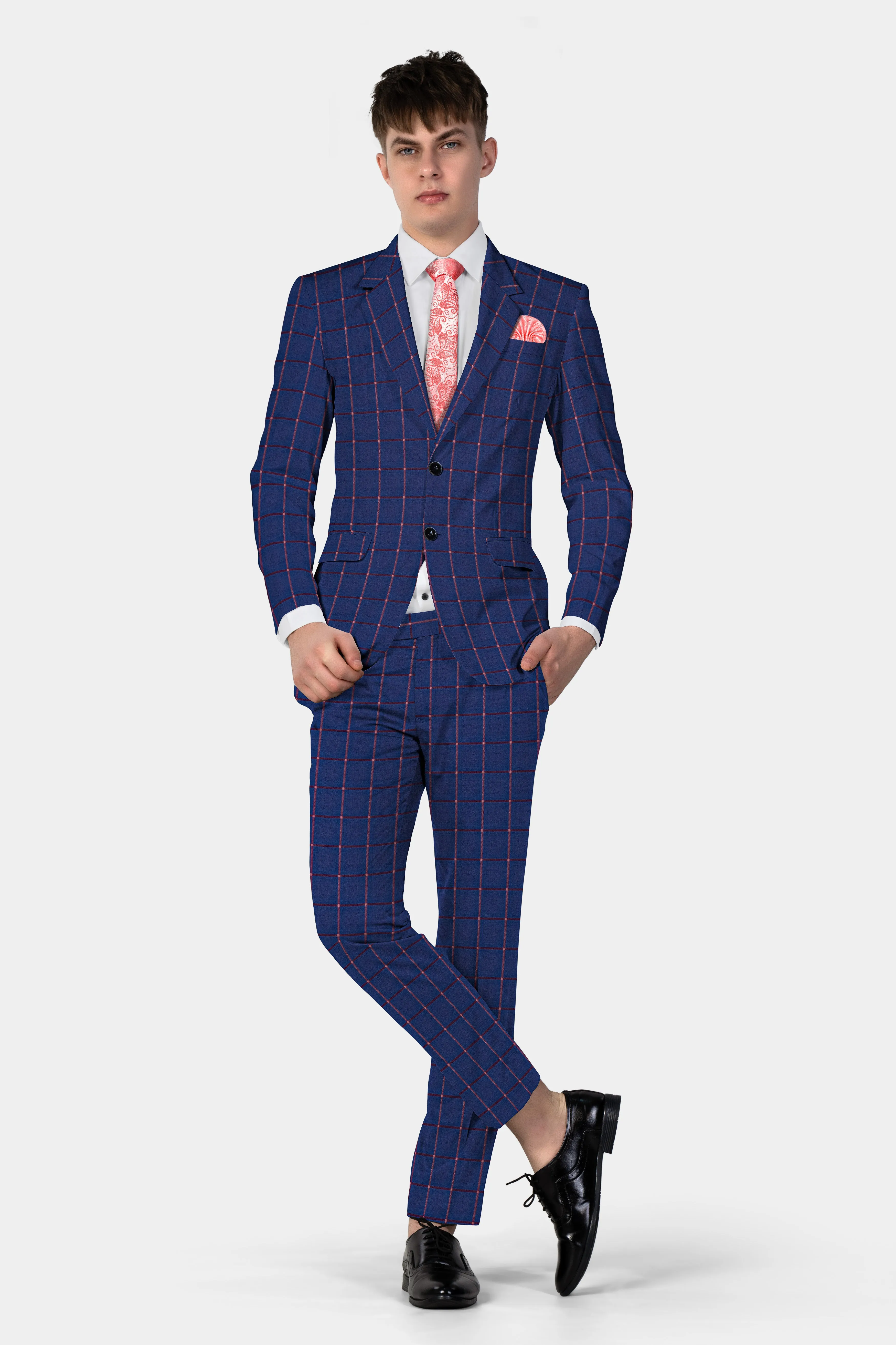 Biscay Blue with Raspberry Pink Windowpane Wool Blend Blazer