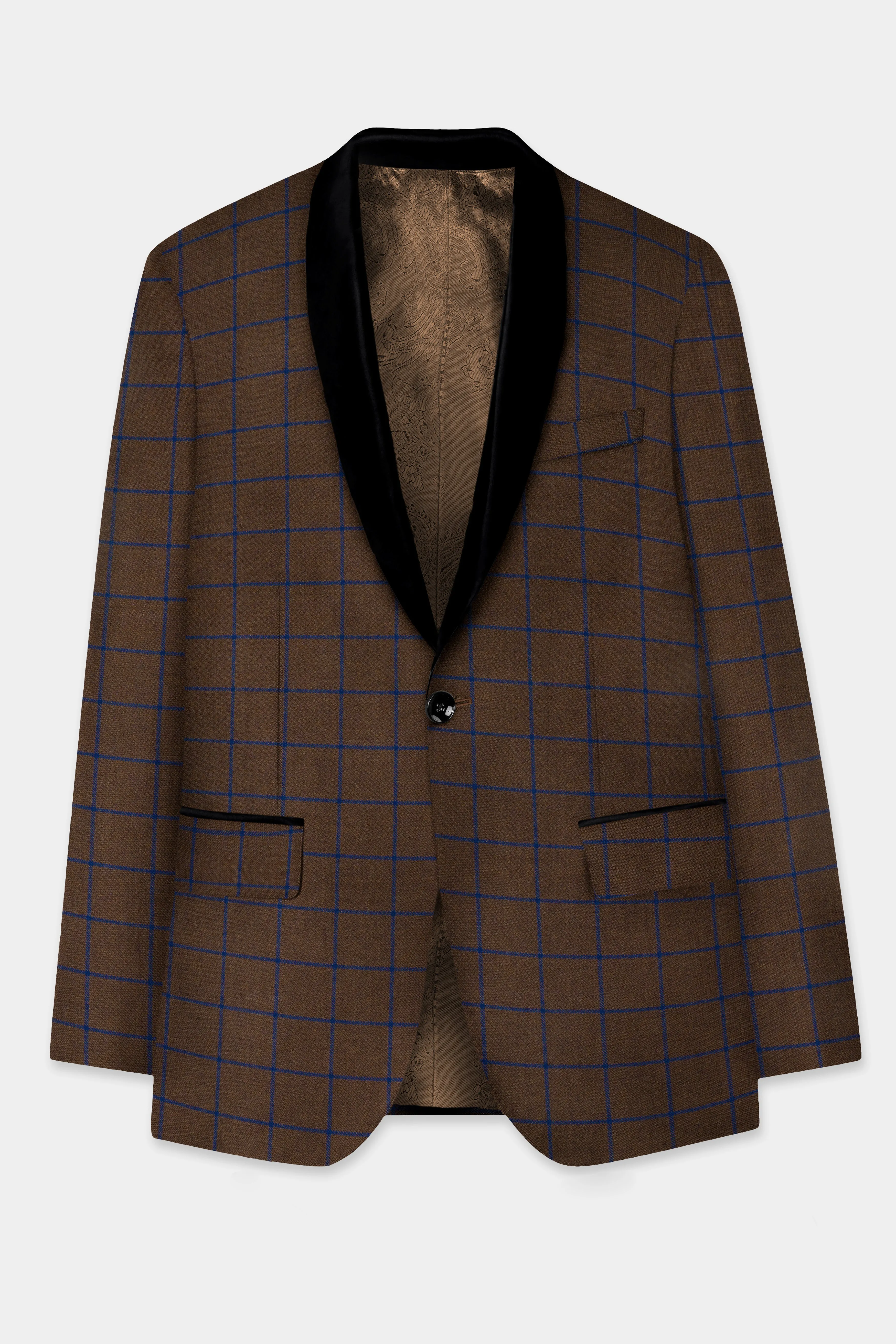 Bistre Brown with Catalina Blue Windowpane Tuxedo Tweed Blazer