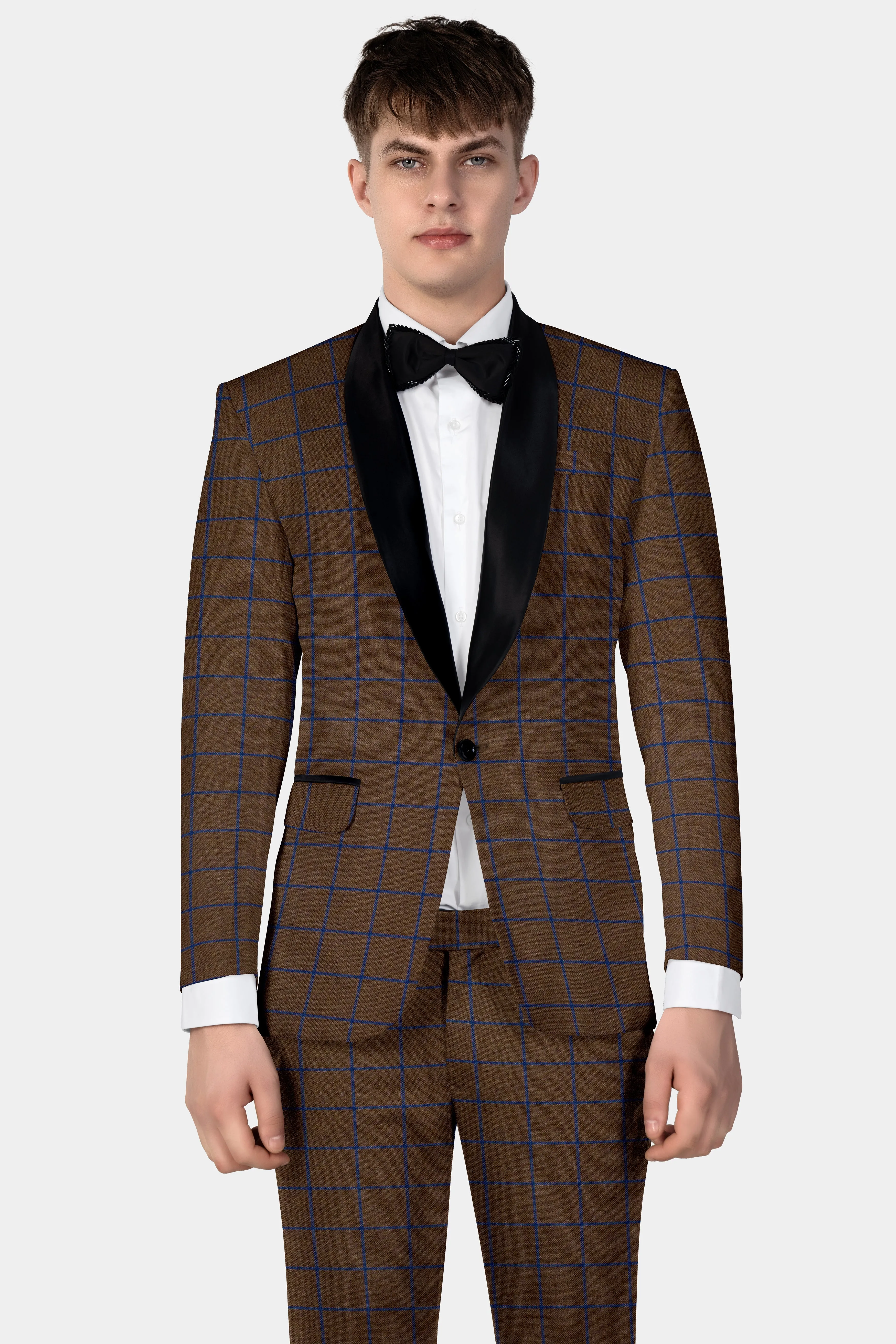 Bistre Brown with Catalina Blue Windowpane Tuxedo Tweed Blazer