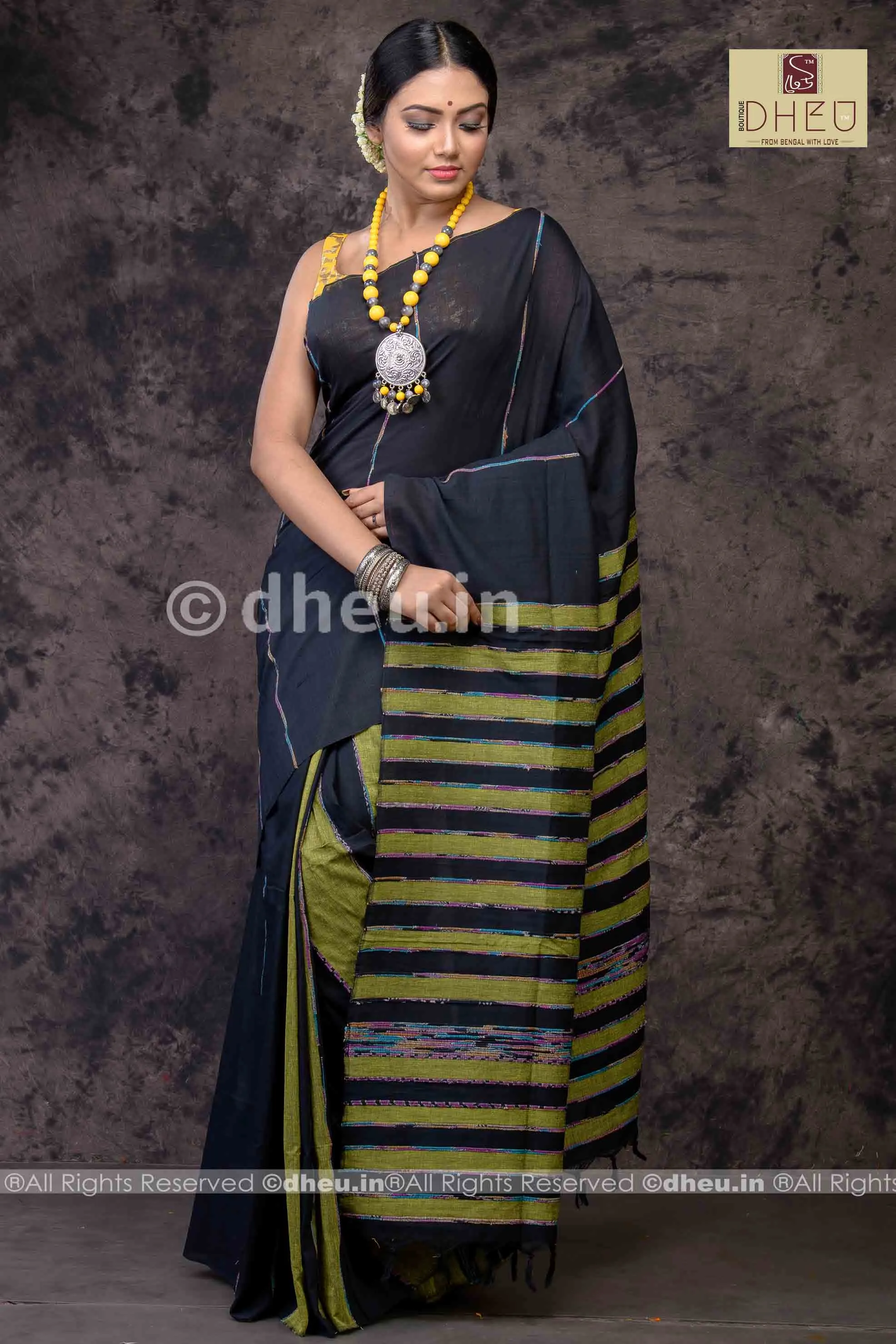 Black Magic- Handloom Pure Cotton Saree-Kurta Couple Set