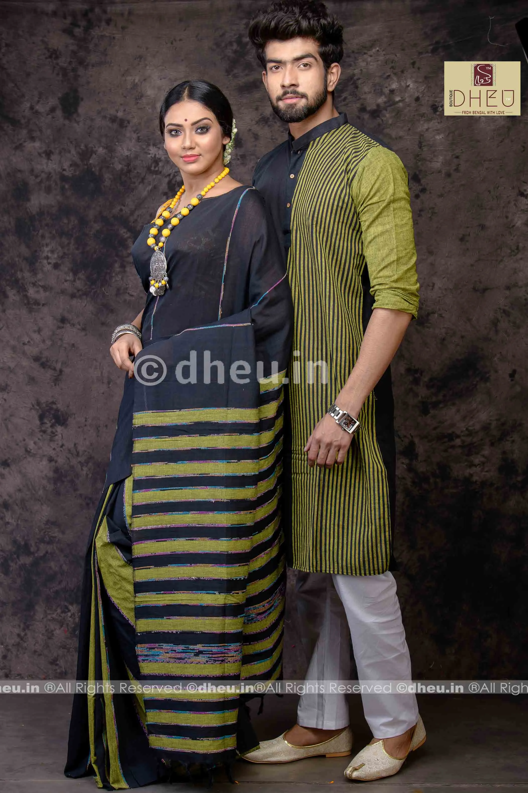 Black Magic- Handloom Pure Cotton Saree-Kurta Couple Set