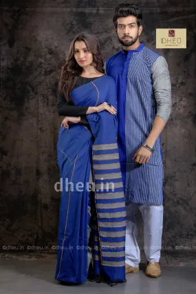 Bliussful Blue-Handloom Pure Cotton Saree-Kurta Couple Set