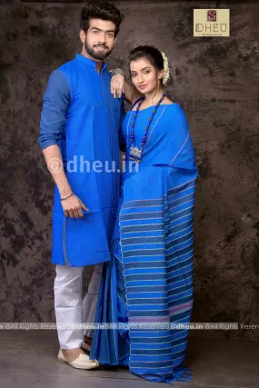 Blue Lagoon - Handloom Pure Cotton Saree-Kurta  Couple Set