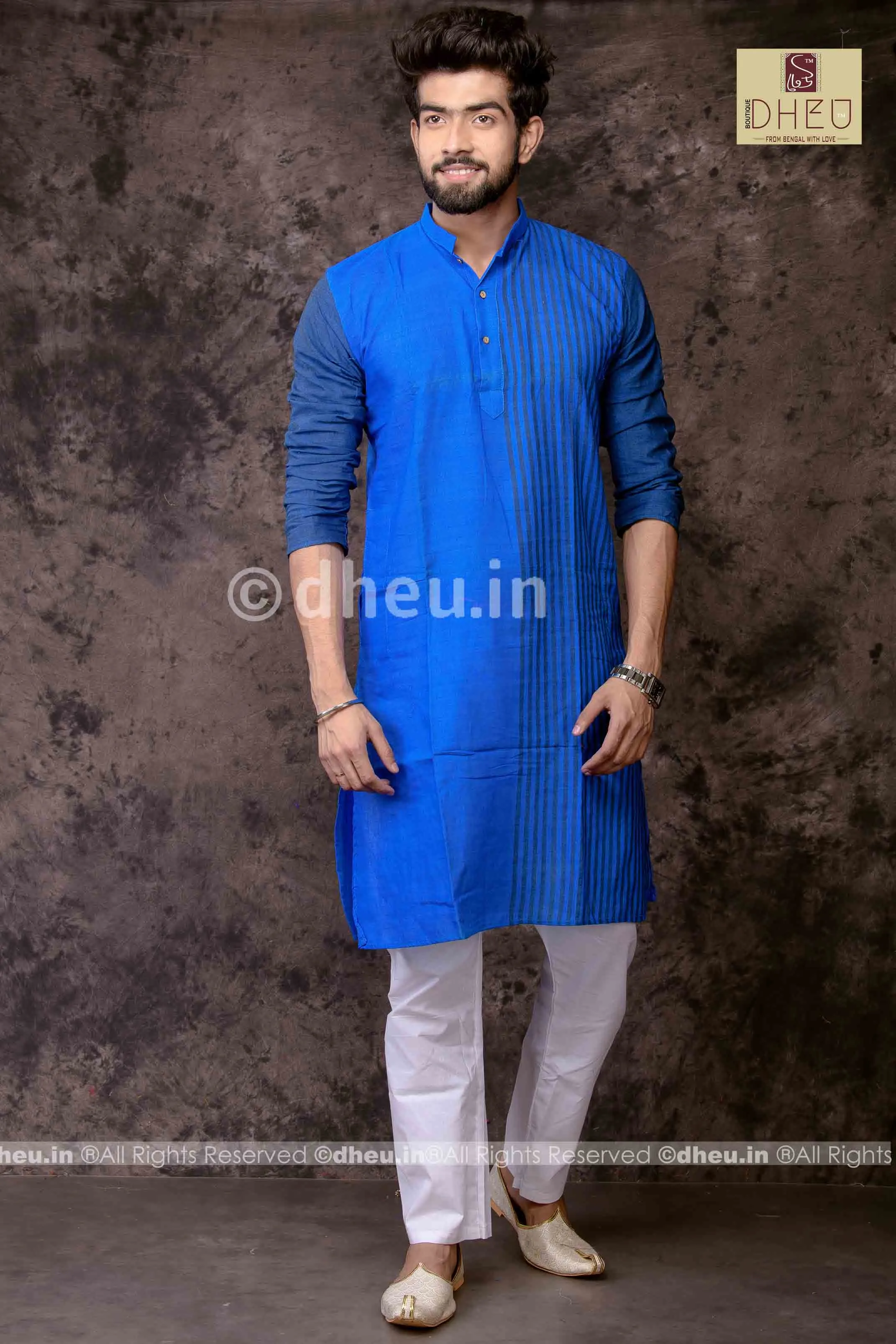 Blue Lagoon - Handloom Pure Cotton Saree-Kurta  Couple Set