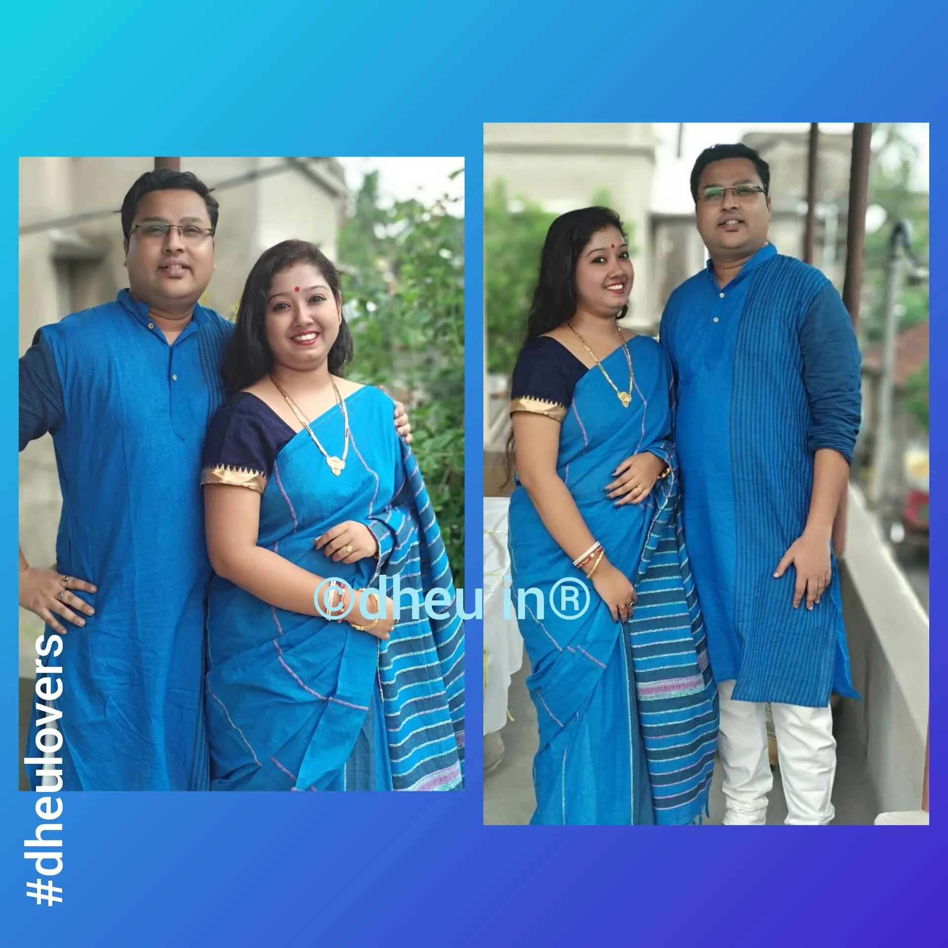 Blue Lagoon - Handloom Pure Cotton Saree-Kurta  Couple Set