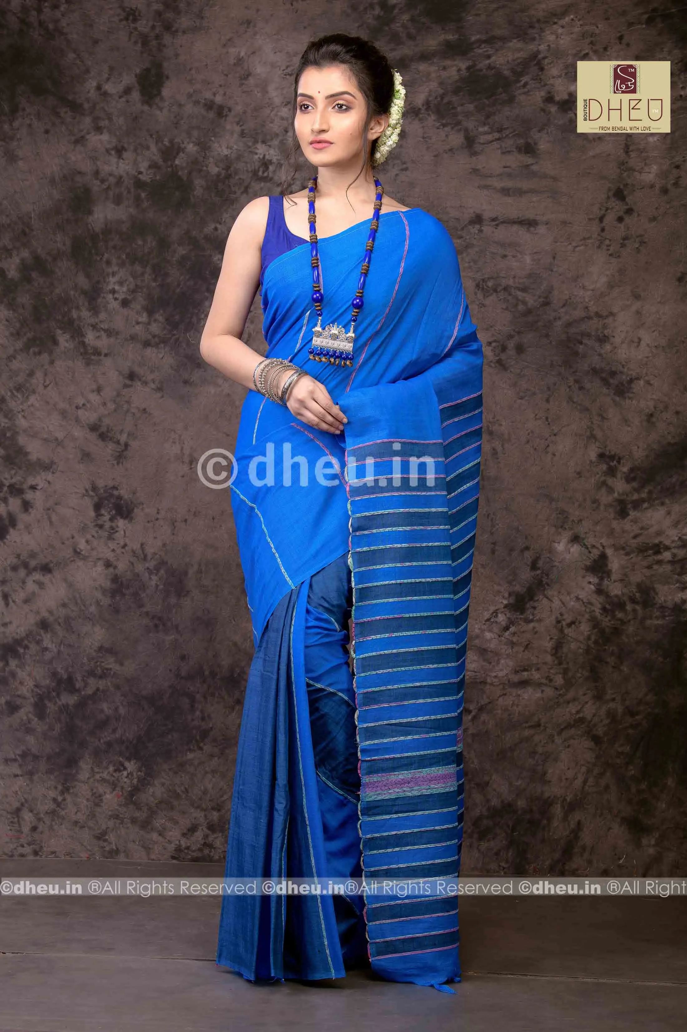 Blue Lagoon - Handloom Pure Cotton Saree-Kurta  Couple Set