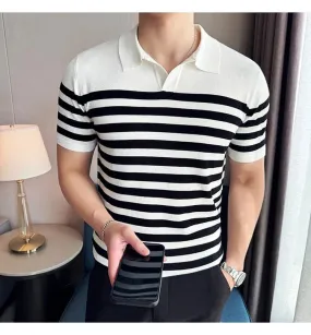 British Men's Slim Fit Polo T-shirt with Contrasting Stripes - Summer Knit Casual Lapel Style