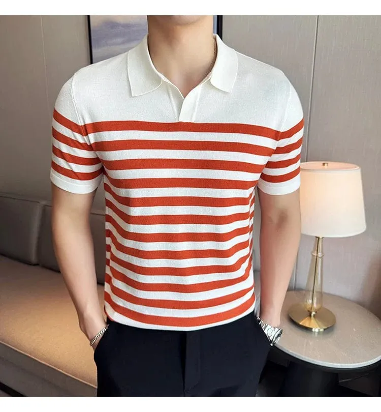 British Men's Slim Fit Polo T-shirt with Contrasting Stripes - Summer Knit Casual Lapel Style