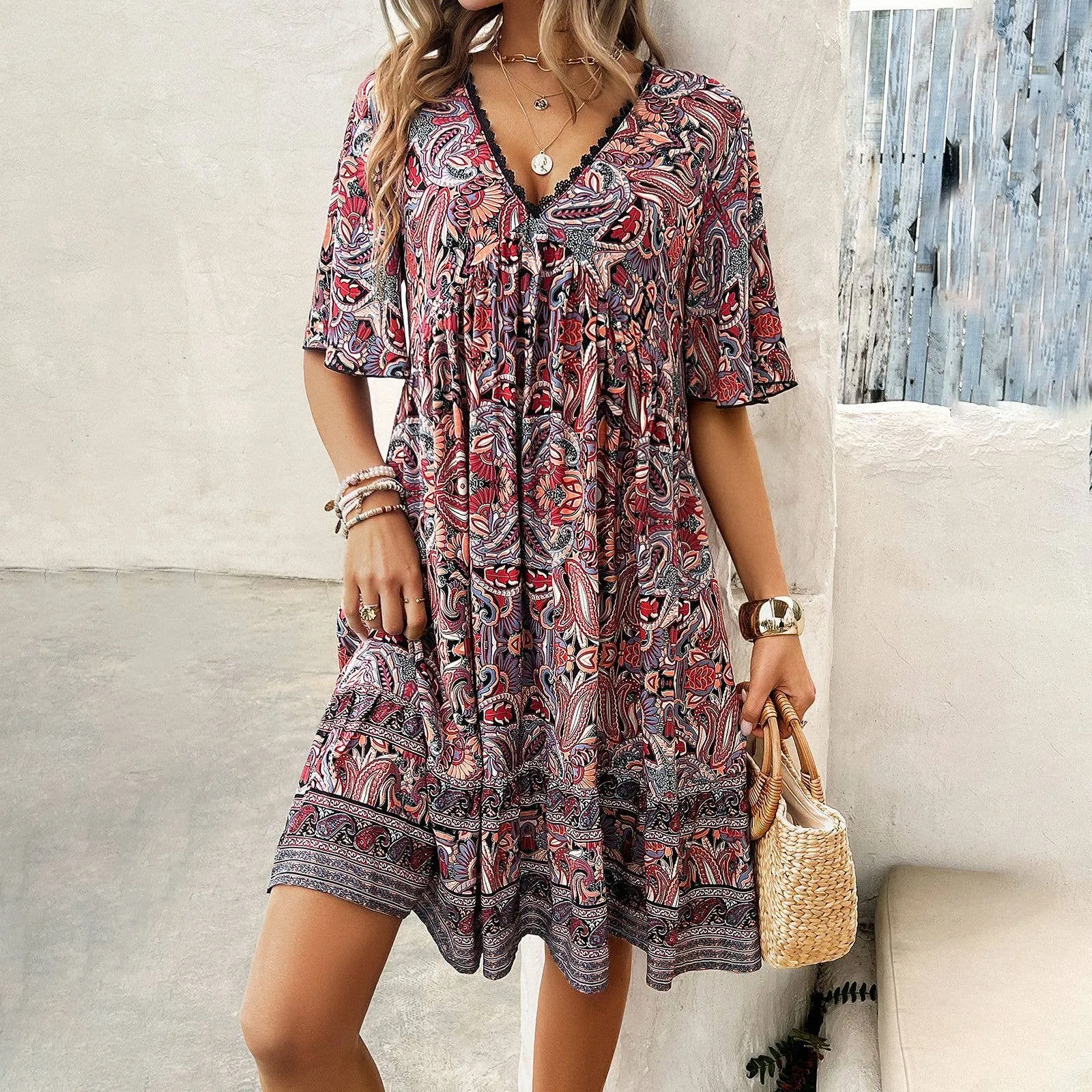 CASUAL HOLIDAY PRINT V-NECK DRESS_CWDSD3738