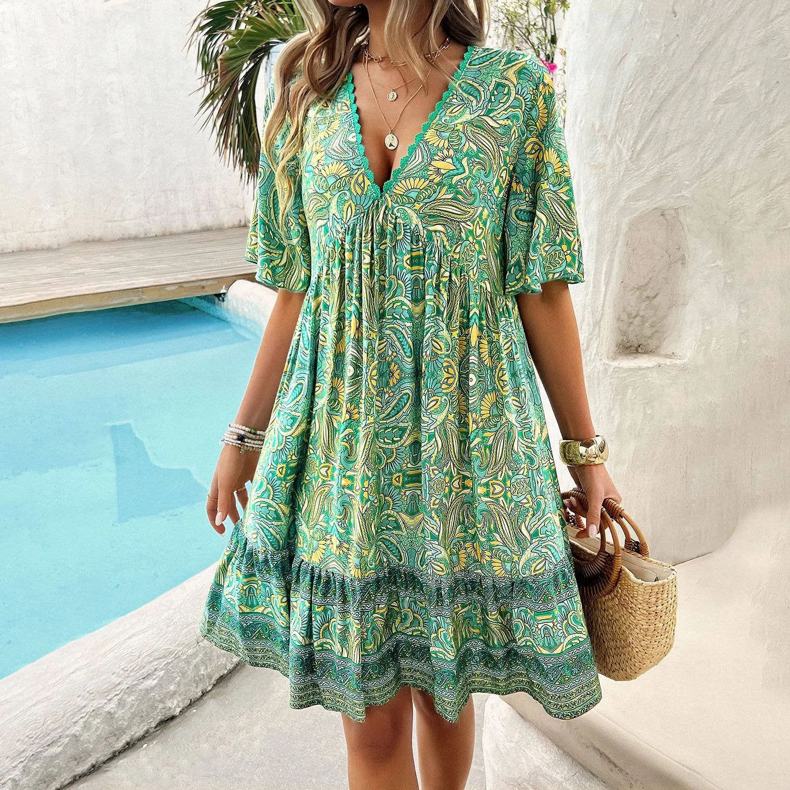 CASUAL HOLIDAY PRINT V-NECK DRESS_CWDSD3738