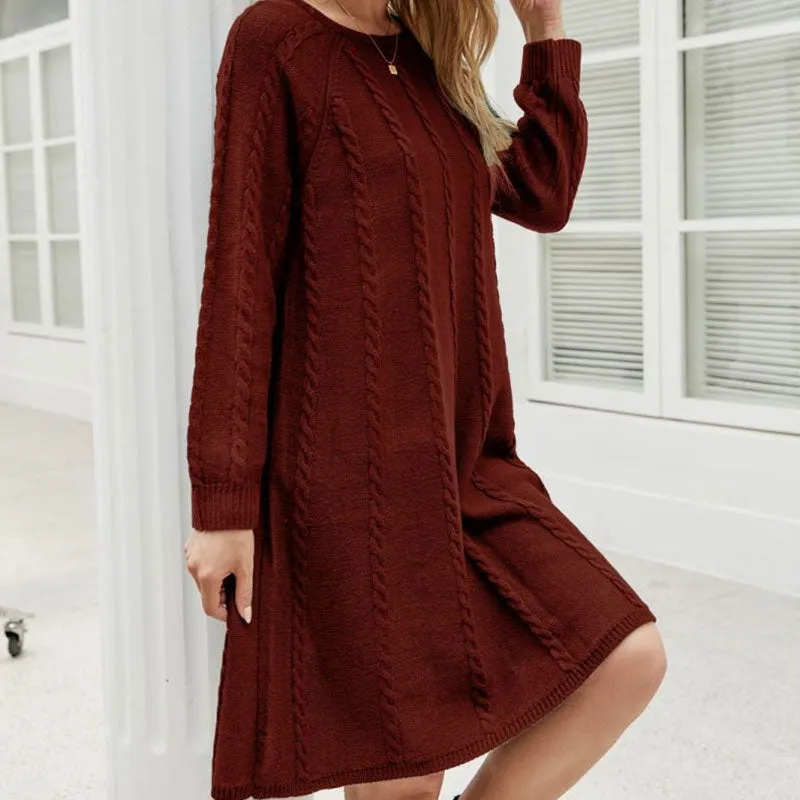 Casual Solid Color Round Neck Long Sleeve Cable Knit Winter Sweater Mini Dress