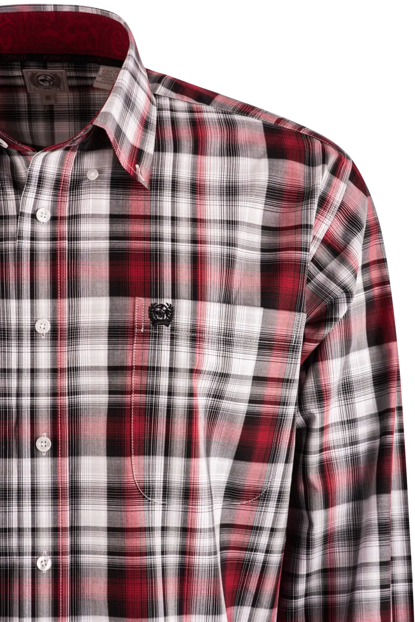 Cinch Plaid Long Sleeve Button-Front Shirt - Burgundy