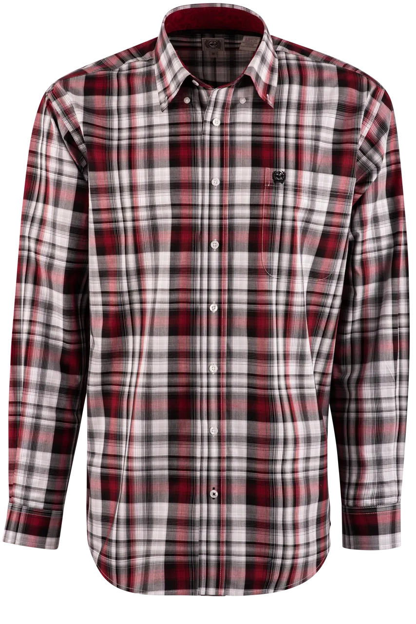 Cinch Plaid Long Sleeve Button-Front Shirt - Burgundy