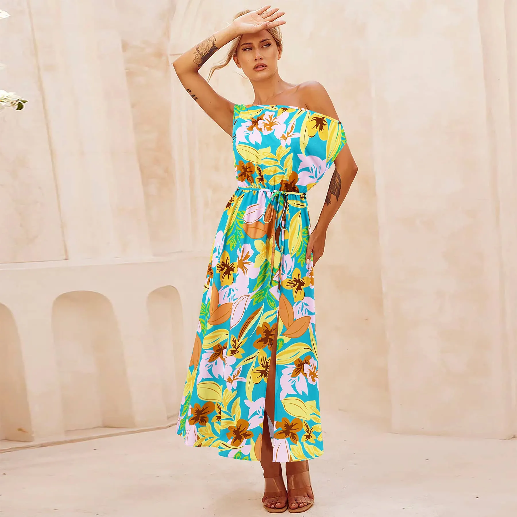 CONTRASTING PRINT DRESS WITH SLOPING SHOULDERS_CWDMD1666