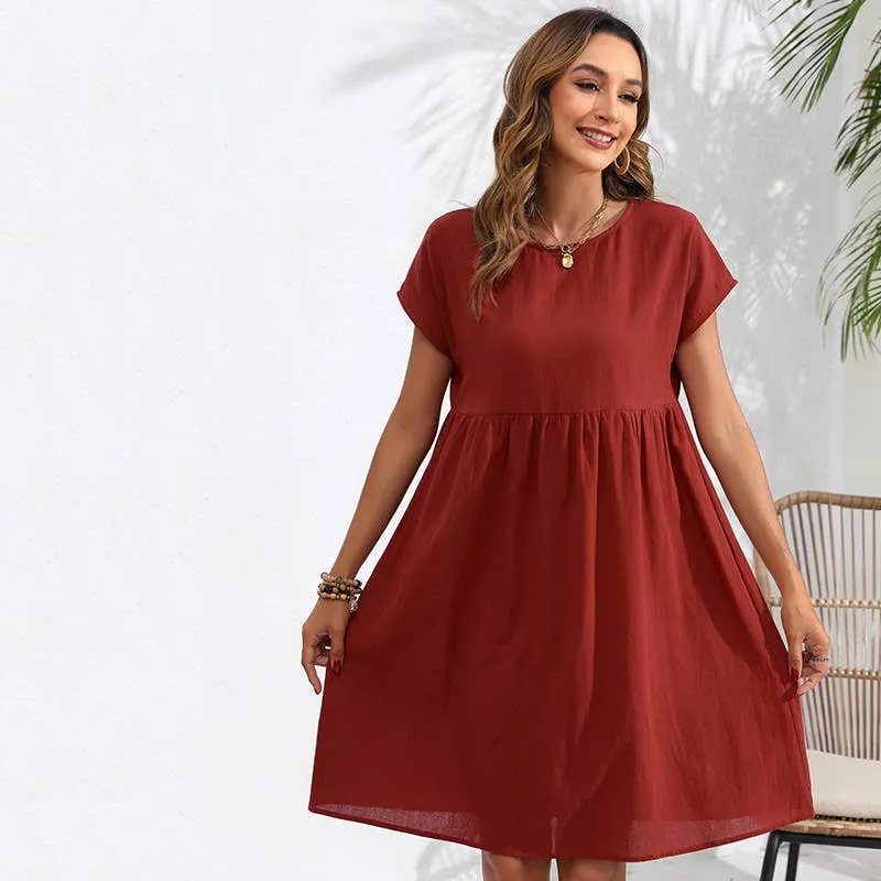 COTTON LINEN ROUND NECK A-LINE POCKET DRESS_CWDMD2381