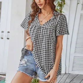 COTTON V-NECK PLAID BLOUSE_CWTBLS0485