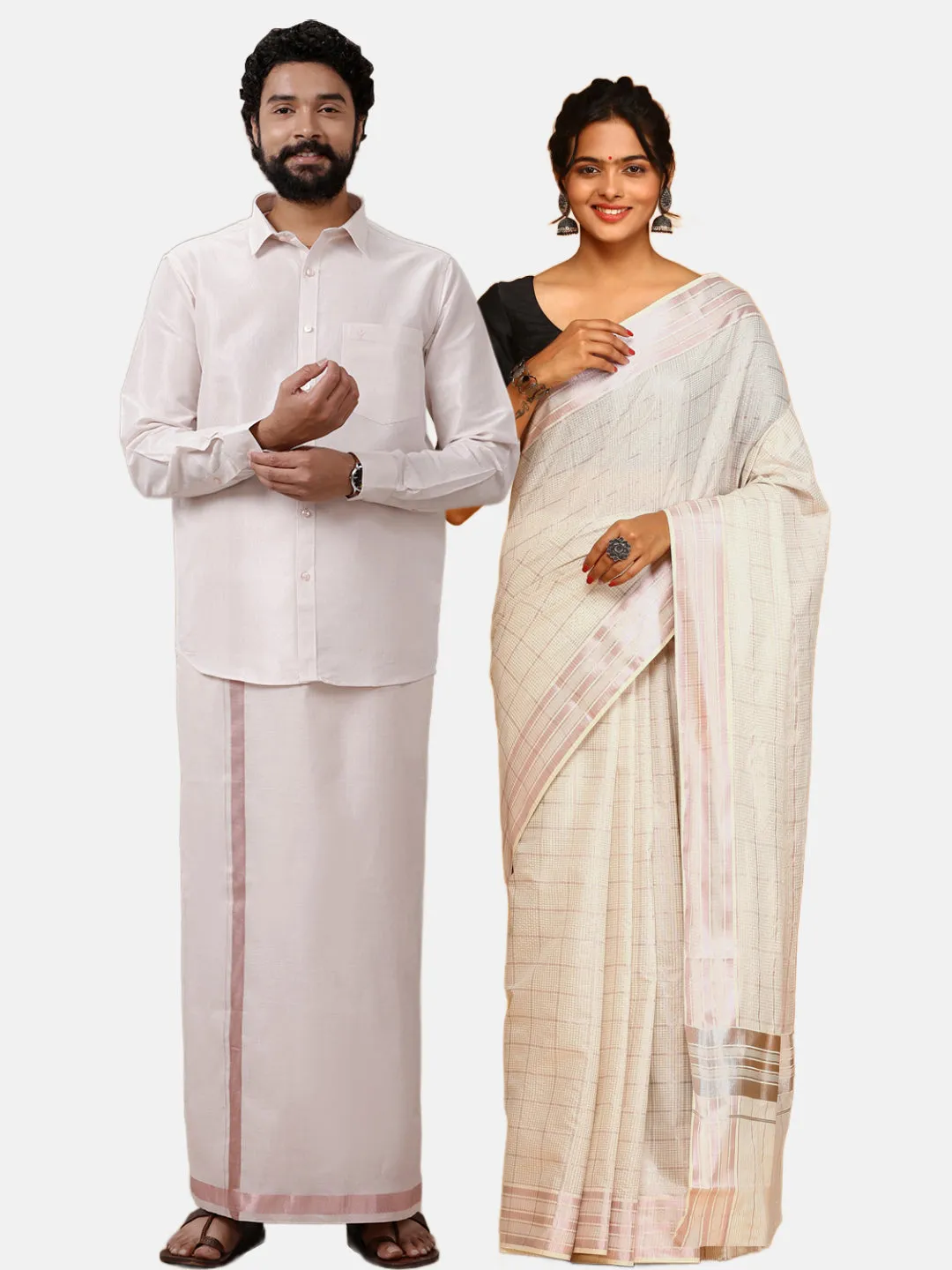 Couple Combo Full Sleeves Shirt Dhoti & Saree Set Tissue Rose Gold KS121