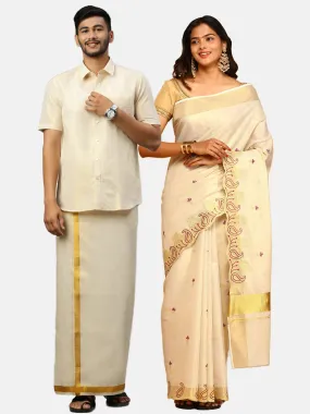 Couple Combo Half Sleeves Shirt Dhoti & Saree Set Gold KS124