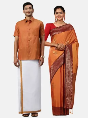 Couple Combo Half Sleeves Shirt Dhoti CV3 & Saree Set Orange SS198